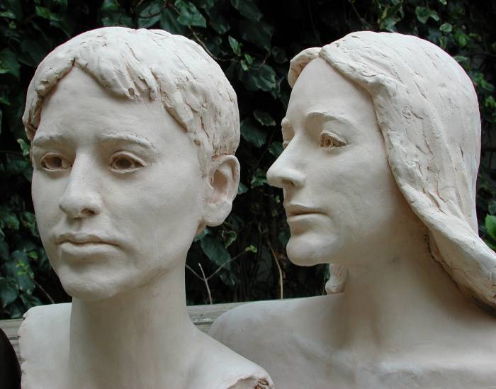 The same busts in terra cotta: original clay artwork fired in a kiln